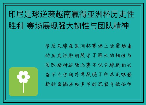 印尼足球逆袭越南赢得亚洲杯历史性胜利 赛场展现强大韧性与团队精神 印尼足球逆袭越南赢得亚洲杯历史性胜利 赛场展现强大韧性与团队精神
