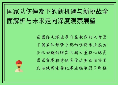 国家队伤停潮下的新机遇与新挑战全面解析与未来走向深度观察展望